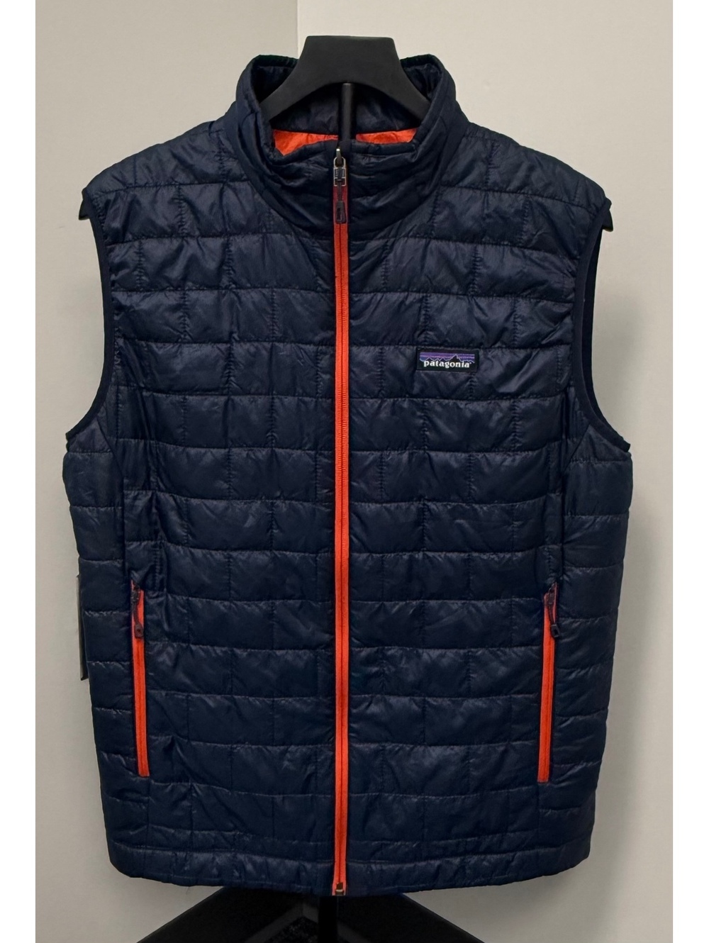 Patagonia Men’s Medium Full Zip Nano Puff Vest Navy Blue Orange Lining Jacket